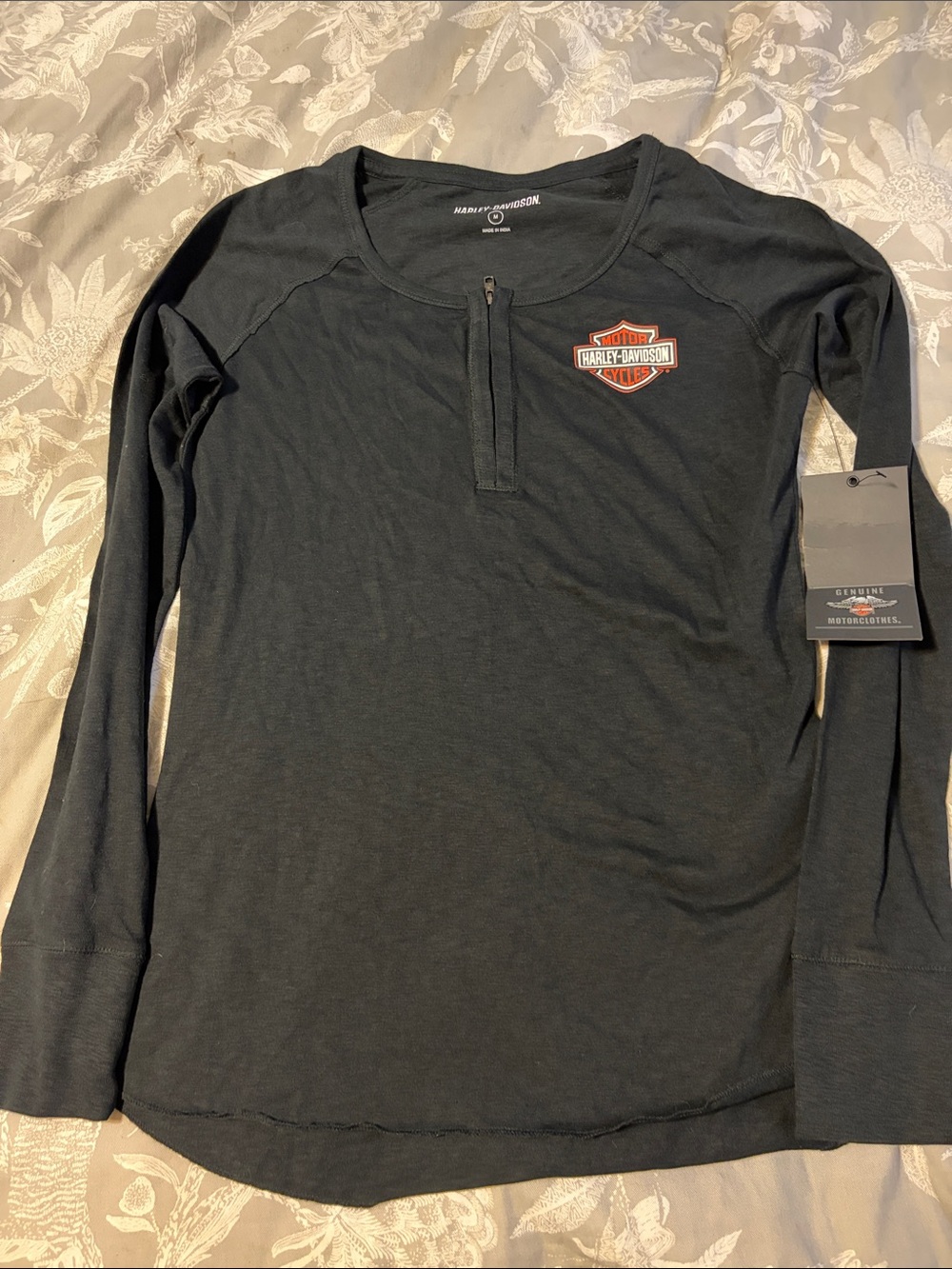 Harley-Davidson Black Long-Sleeve Henley with Orange Shield Logo